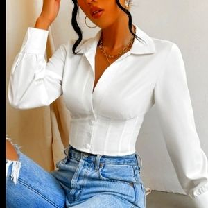 Solid Button Front Crop Shirt.